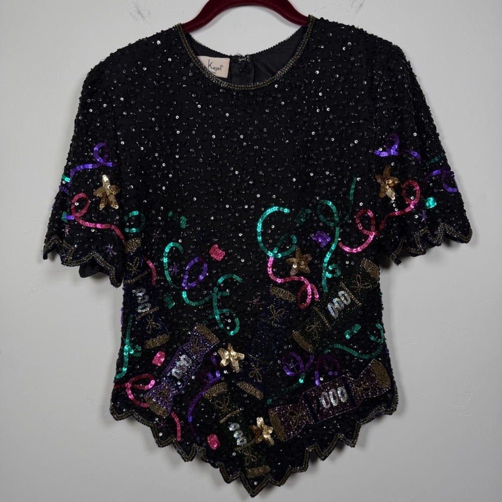 Vintage Laurence Kazar Womens Sequin Beaded 100% Silk Top PS Black Scallop Party